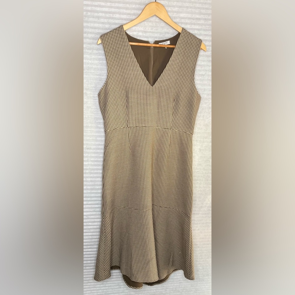 Maisie V-neck Sleeveless Midi Dress Houndstooth Cream Sand Brown Size L - Picture 13 of 13